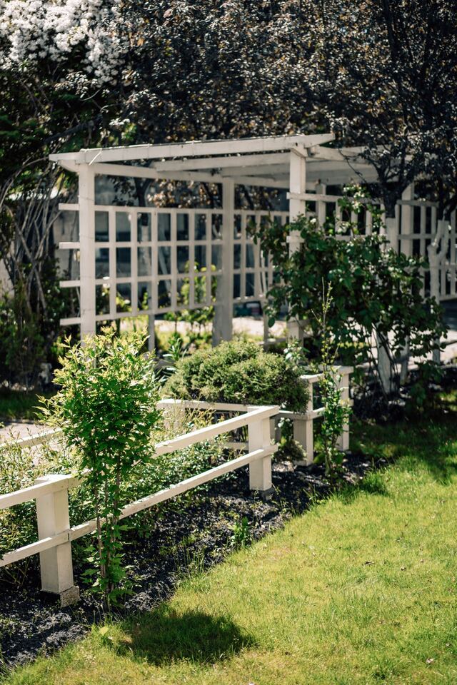 Een aangelegde tuin met gazon, een wit tuinhek en een pergola